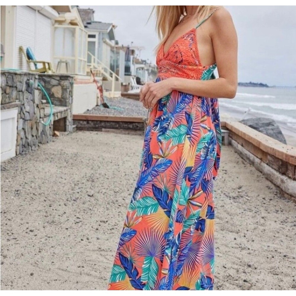 She & Sky Summer Halter Maxi Dress In Orange/Blue Hues Crochet Top Large #844